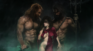 two muscular warriors look down on a curvy, dark haired woman